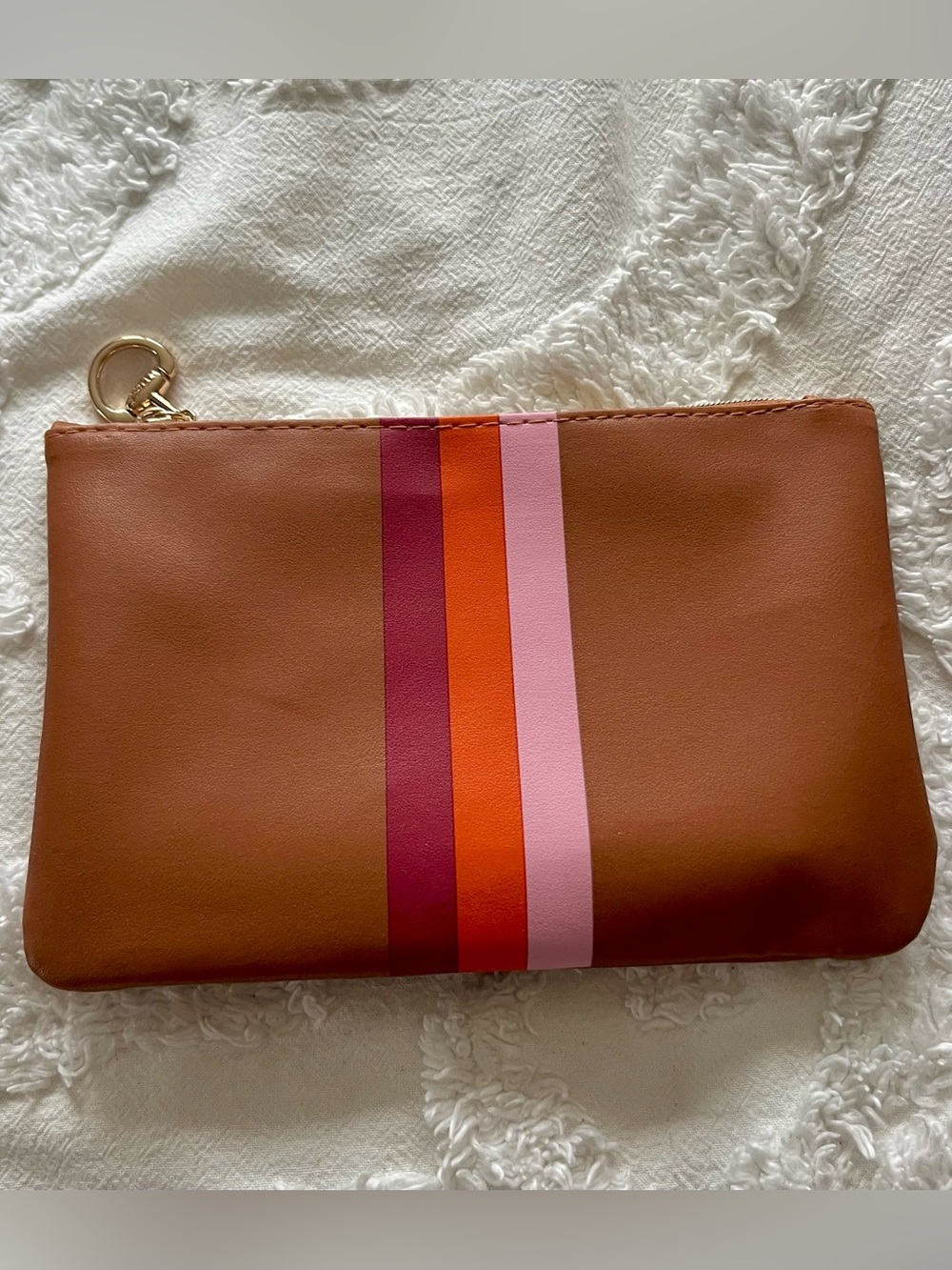Brown Leather Wristlet with Pink, Orange & Burgundy Stripes NWOT
